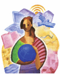 Conference-Poster: drawing of a woman holding a blue ball, a dove flying away