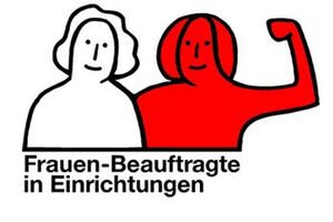 Logo Frauenbeauftragte in Einrichtungen: 2 Frauen, eine starke Frau winkelt den Arm an